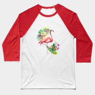 Pink Flamingo and Tropical Flowers Watercolor Art Baseball T-Shirt